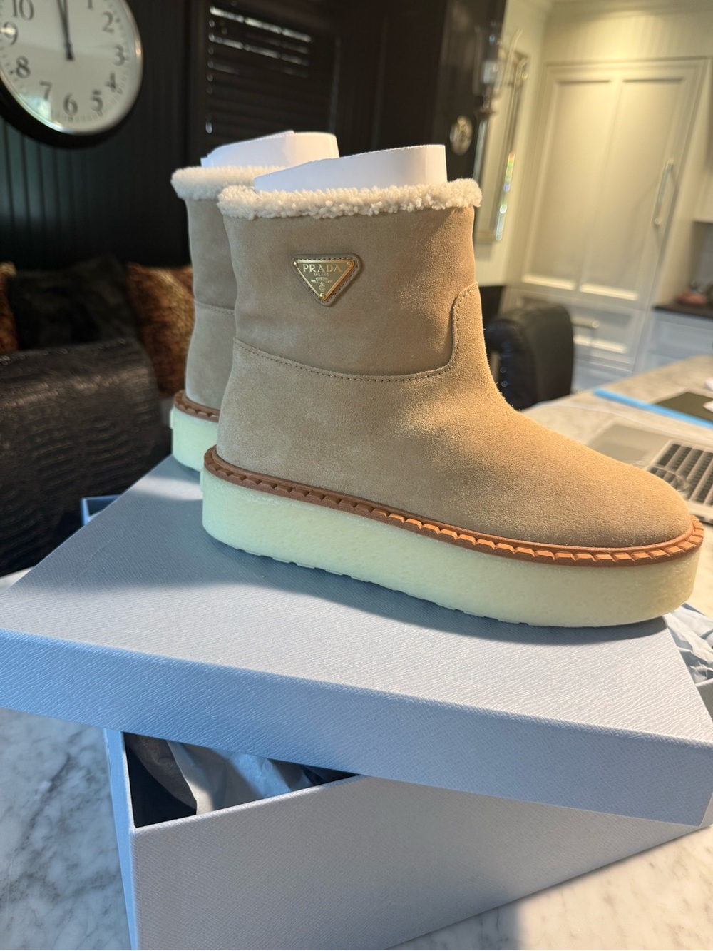 BRAND NEW Prada Tan Suede Shearling-Trim Platform Ankle Boots